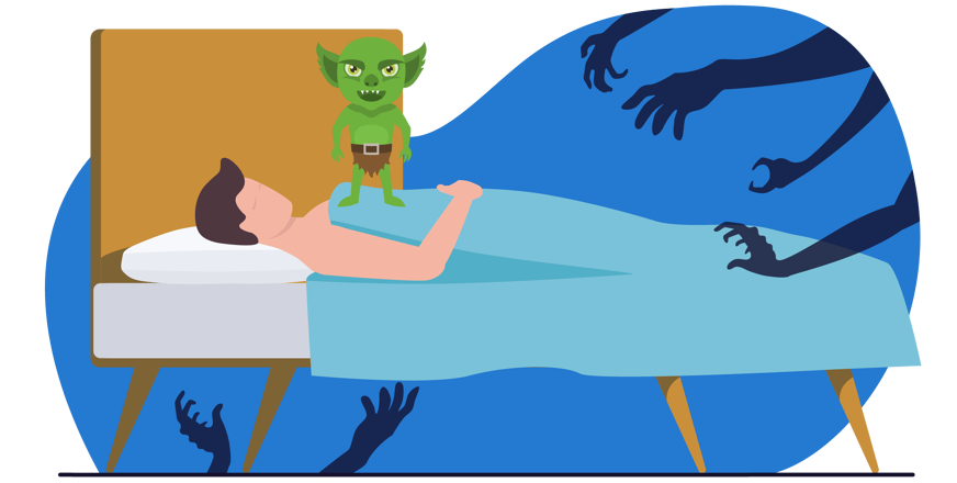 Kobold auf der Brust schlafenden Mannes mit Albträumen